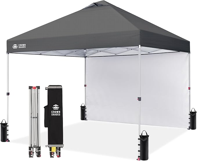 CROWN SHADES 12x12 Pop Up Canopy Tent Instant Commercial with 150D Silver Coated Fabric Including 1 Removable Sidewall, 4 Ropes, 8 Stakes, Weight Bags, STO 'N Go Bag, Grid Grey