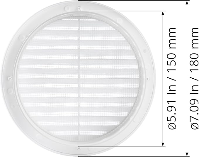 White 6" Inch Round Ventilation Grille with Insect mesh. (Duct 6Ø / Grille 7Ø) Ventilation Applications. Indoor and Outdoor Vent Cover. Available 3 Sizes / 4 Colors.