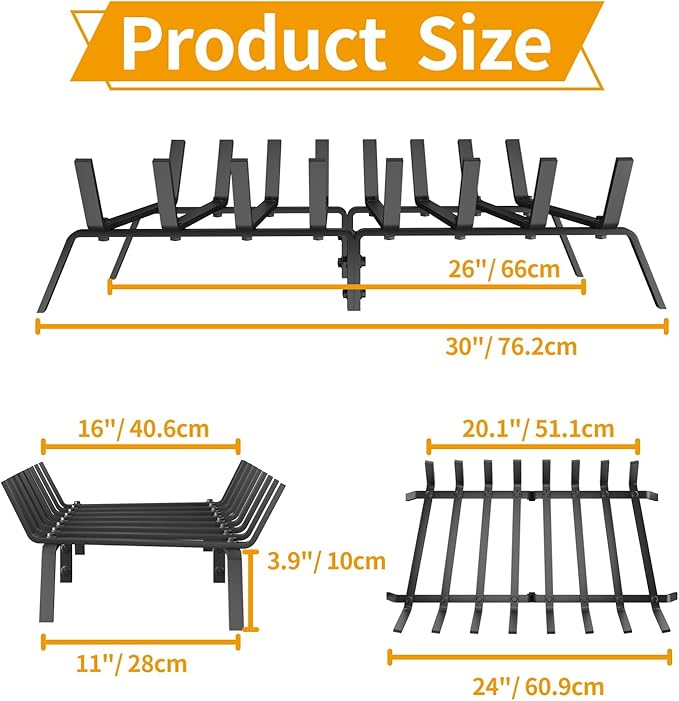 Heavy Duty 30Inch Fireplace Grate, Solid Steel Log Rack for Wood Burning, Extra Wide Firewood Grates for Indoor Fireplace & Outdoor Fire Pit, Wood Stove Grate