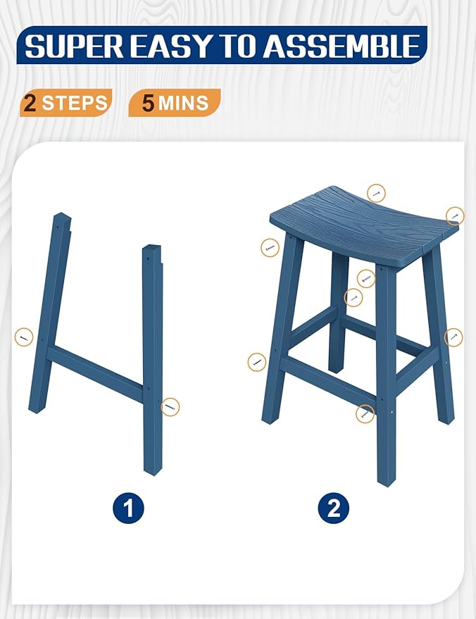 Weatherproof Bar Stools Set of 2, 28" Height Outdoor Bar Stools Holds up to 400 lbs, Saddle Seat, Bar Height Stools for Patio, Garden, and Kitchen Island, Blue