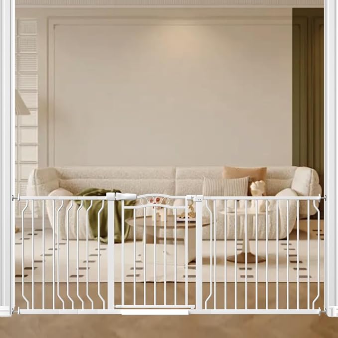 67.3-81.1" Extra Wide Baby Gate for Stairs No Drilling, 30" Tall Auto Close Press Mounted Dog Gates for Doorways, Adjustable Width Walk Through Long Gates for Kids or Pets, White