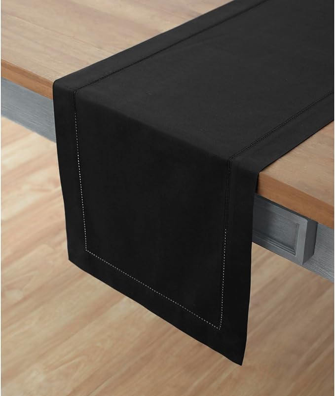Solino Home Black Table Runner 48 Inches - Cotton Linen Hemstitch Coffee Table Runner 14 x 48 Inch Ideal for Dresser Tables - Winter, Spring, Easter
