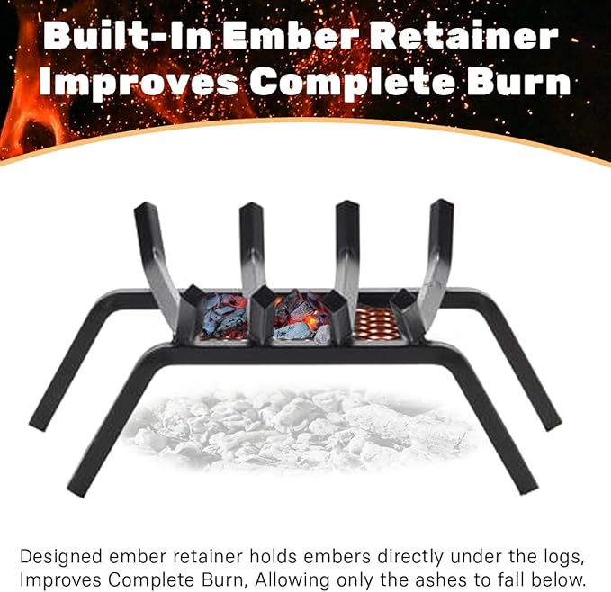Heavy-Duty Steel Fireplace Grate with Ember Retainer (18 Inch)