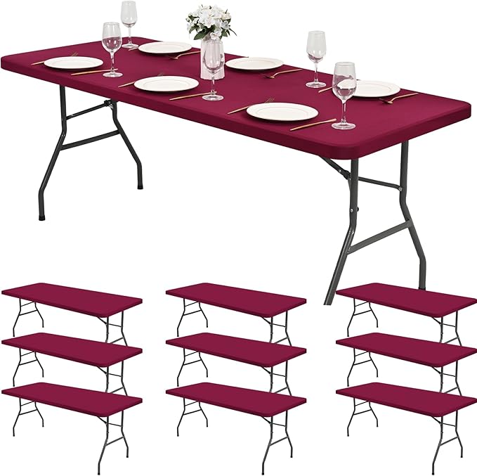 10 Pack Stretch Fabric Table Top Cap Cover, Wine Red Table Covers fits 8Ft Tables, Washable Elastic Universal Rectangle Tablecloth Protector for Indoor Outdoor Party Picnic Wedding (30" W x 96" L)