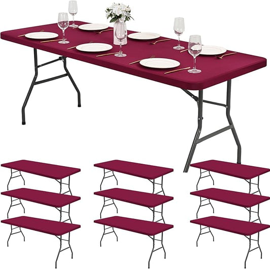 10 Pack Stretch Fabric Table Top Cap Cover, Wine Red Table Covers fits 8Ft Tables, Washable Elastic Universal Rectangle Tablecloth Protector for Indoor Outdoor Party Picnic Wedding (30" W x 96" L)