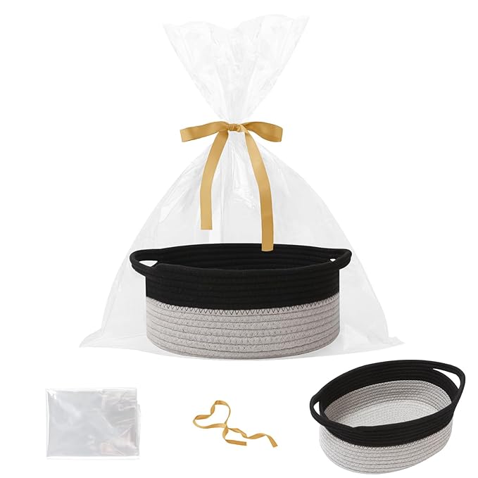 Gift Basket with Gift Bag and Ribbons,Small Rope Woven Shelf Storage,Baskets for Gifts Empty,Birthday,Baby Shower,Decorative Organizer Box with Handles(Black&Grey)