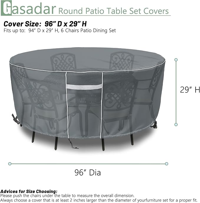 Gasadar Round Patio Table Cover Waterproof, Outdoor Furniture Covers for Round Table Set, 600D Heavy Duty, 96" Dia x 28" H, Grey