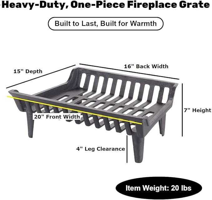 20 inch Fireplace Grate Heavy Duty, Cast Iron Fire Grate - 20" W x 15" D x 7" H
