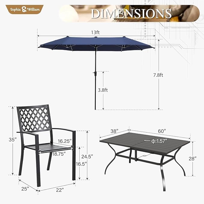 Sophia & William Patio Dining Set with 13ft Double-Sided Patio Umbrella, 8 Piece Metal Outdoor Table Furniture Set with 6 Outdoor Stackable Chairs, 1 Rectangle Dining Table and 1 Large Navy Umbrella