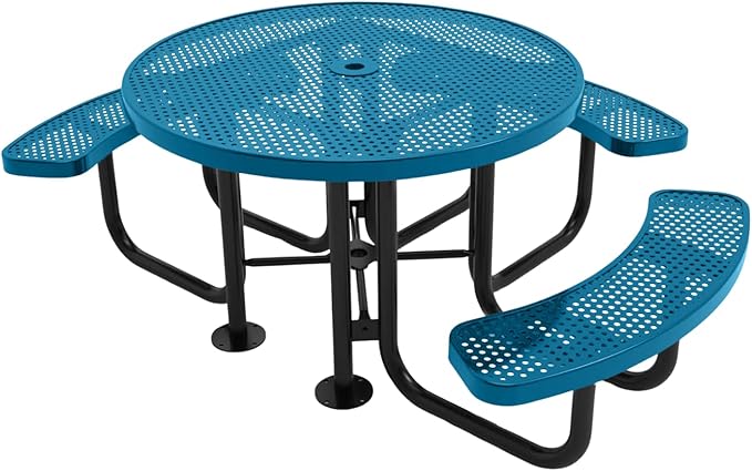 COATEDOUTDOORFURNITURE Heavy-Duty Portable Outdoor Picnic Table with Umbrella Hole, Punched Steel Patio Dining Furniture Made in America (46" Round Top, Light Blue)