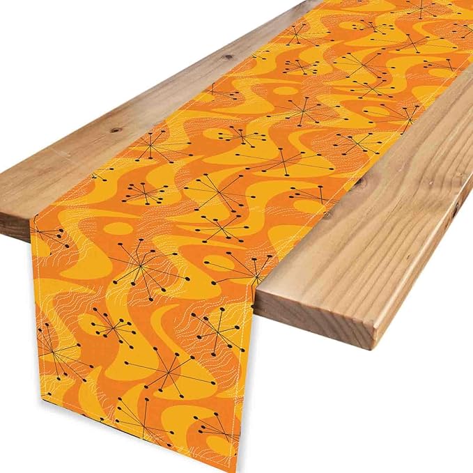 70s Table Runner, Retro Orange Wave Mid Century Atomic Print Abstract Hippie Coffee Table Center Decor for Home Kitchen Dining Patio Holiday Party Indoor Outdoor Table Decorations, 13"x72" Inch