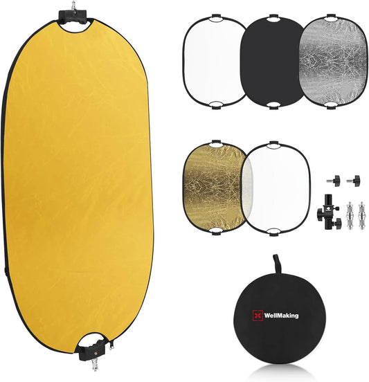 WELLMAKING 35''x47'' (90x120cm) Reflector Photography with Threaded Handle, Collapsible Light Reflector with Bag & tilt Adapter, 5in1 Reflector for Studio - Translucent, Silver, Gold, White and Black