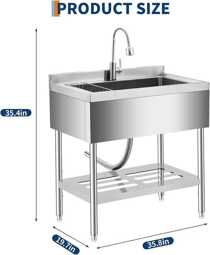 Stainless Steel Utility Sink, 35 Inch Freestanding Commercial Sink, Adjustable Leg with Hot and Cold Water Faucet, Hoses and Drain Kit, Large Laundry Tub for Kitchen, Garage, Bathroom, Outdoor Use