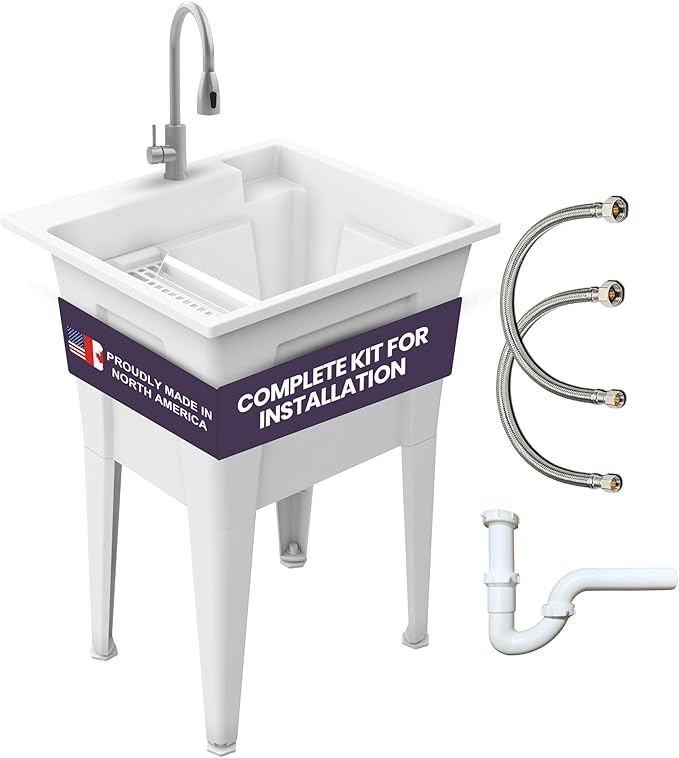 Freestanding Utility Sink with Stainless Steel Gooseneck Faucet - 24" Plastic Utility Sink for Garage, Laundry, Indoor and Oudoor Use - Laundry Tub Kit by Noah William Home - White (19.5 gal)