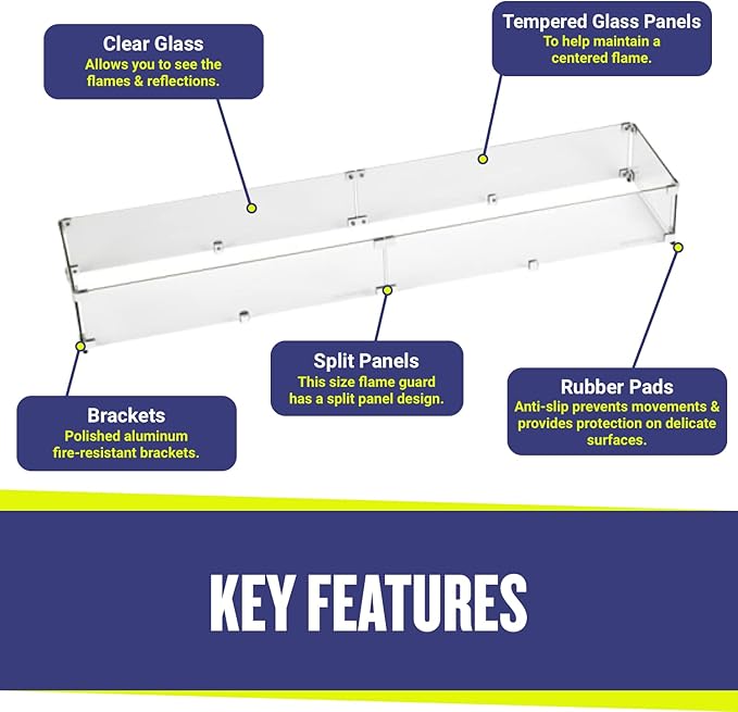 American Fireglass Tempered Glass Flame Guard for 48" x 6” Linear Drop-in Fire Pit Pans | Outdoor Wind Guard with Aluminum Fire-Resistant Brackets & Non-Slip Feet | 53.5-inch x 11.5-inch x 6-inch