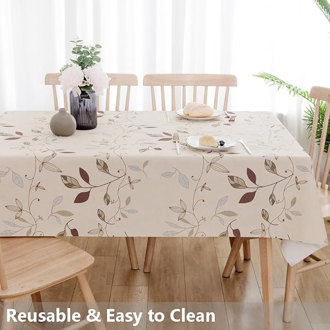 TruDelve Heavy Duty Vinyl Tablecloth Beige Plastic Table Cloth Waterproof Wipeable Oilcloth Tablecloths for Rectangle Tables (54'' x 72'', Leaves)