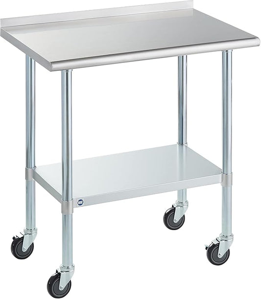 Stainless Steel Table for Prep & Work with Caster & Backsplash 24x36 Inches, NSF Metal Commercial Kitchen Heavy Duty Table with Adjustable Under Shelf and Table Foot for Restaurant, Home and Hotel