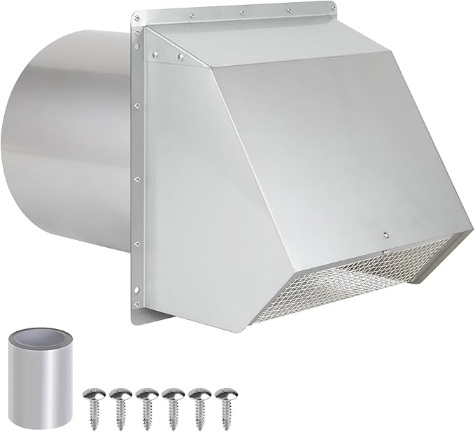 12 Inch Hooded Wall Vent with Screen and Damper,Outdoor Wall Exhaust Vent Cover Cap for Exterior HVAC Duct Industrial Facilities Kitchen Range Hood Dryer Ventilation and Air Exhaust,Stainless Steel