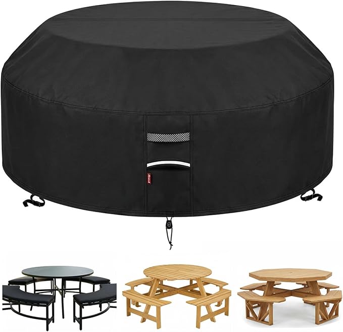 90"D Outdoor Patio Furniture Covers Waterproof Picnic Table Cover Round Patio Table Cover Fits 8-Sided Octagon Tables 420D Material