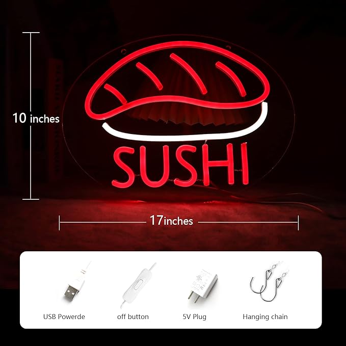 JFLLamp SUSHI Neon Signs for Wall Decor Neon Lights for Business Led Signs Suitable for Japanese Restaurant Convenience Stores Supermarkets Office Bar Pub 5V Power Adapter 17.3*10.2 Inch(Red + White)