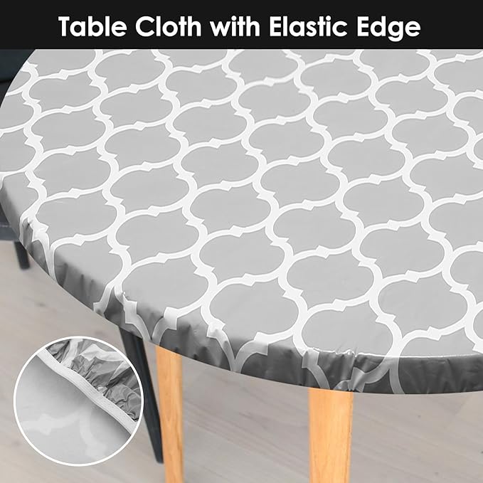 2 Pcs Round Picnic Tablecloth, Waterproof Elastic Fitted Table Covers, Elastic Edge Table Cover Indoor Outdoor Round Fits 43"-55" Round Table Cloth, Oilproof Wipeable Protector for Camping (Grey)