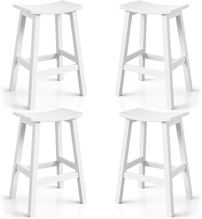 Weatherproof Bar Stools Set of 4, 28" Height Outdoor Bar Stools Holds up to 400 lbs, Saddle Seat, Bar Height Stools for Patio, Garden, and Kitchen Island, White