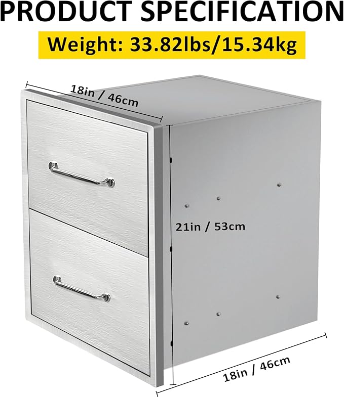 Outdoor Kitchen Drawers 18" W x 21" H x 18" D Flush Mount Double BBQ Drawers with Chrome Handle Stainless Steel Drawer for Outdoor Kitchen Island, Patio Grill Station