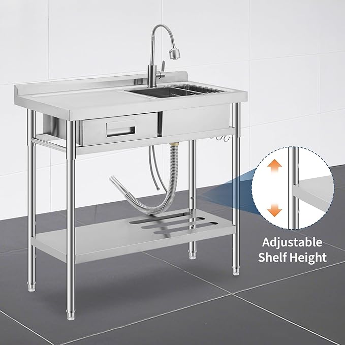 Freestanding Stainless Steel Utility Sink with Workbench, Left Drawer, Commercial Kitchen Sink with Faucet, Hot & Cold Water, Storage Shelf, S-Hook, Knife Holder, Adjustable Leg for Indoor Outdoor