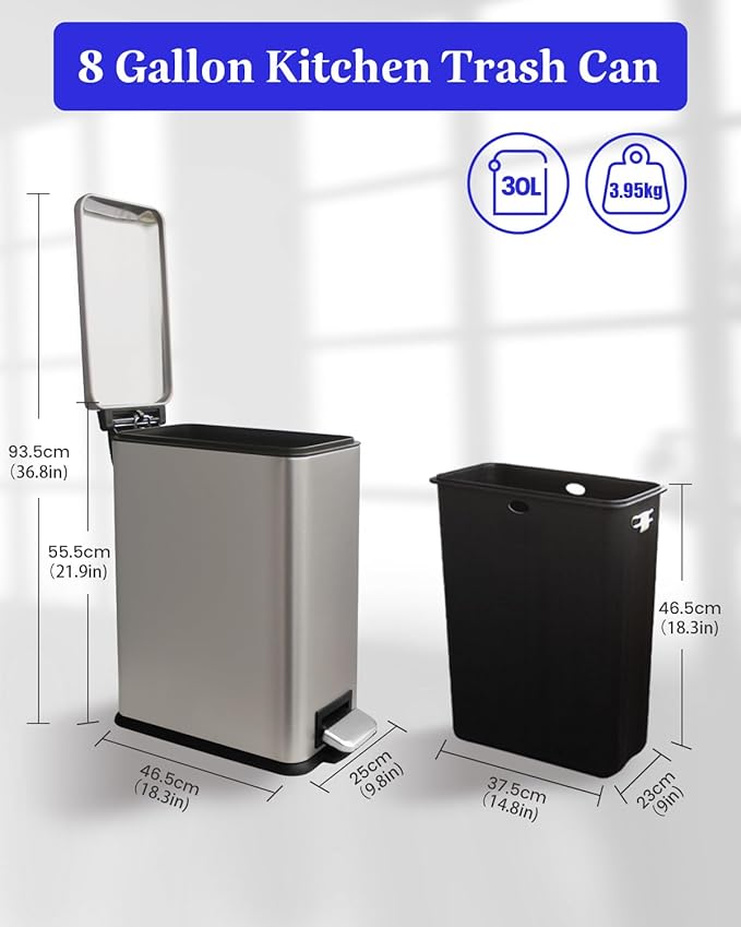 8 Gallon Trash Can with Lid, Stainless Steel Bathroom Garbage Can with Removal Inner Bucket, Soft Close Lid, Step on Trash Bin for Kitchen, Office, Laundry, 30 Liter Capacity, Kohler Grey