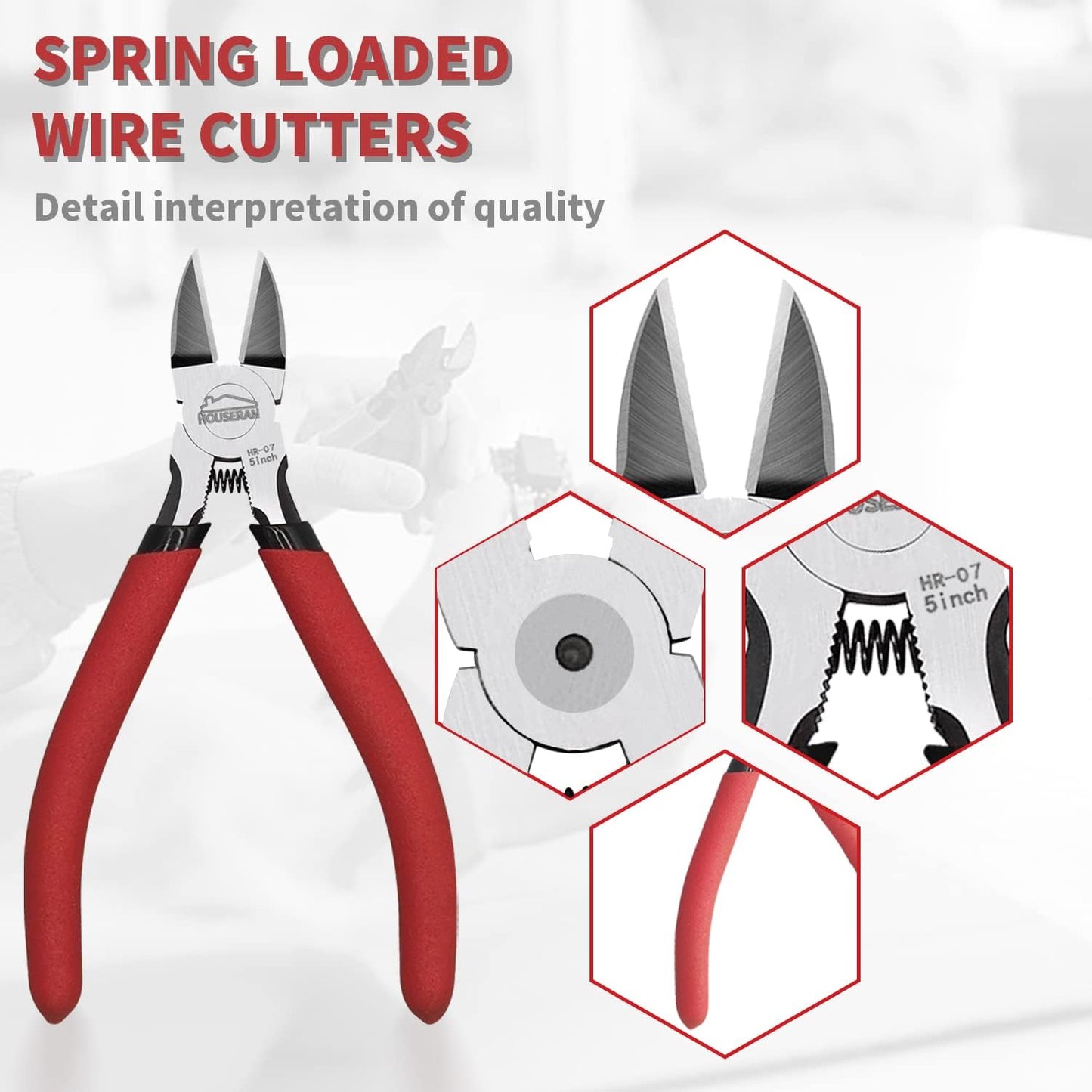 Wire Cutters 5 Pack, 5 Inch Wire Cutters Set, HOUSERAN Side Cutters Flush Cut Pliers, Spring Loaded Cutting Pliers with Non-slip Red Handle, Dikes Wire Cutters Snips for Model Kits, Crafting, Zip Ties