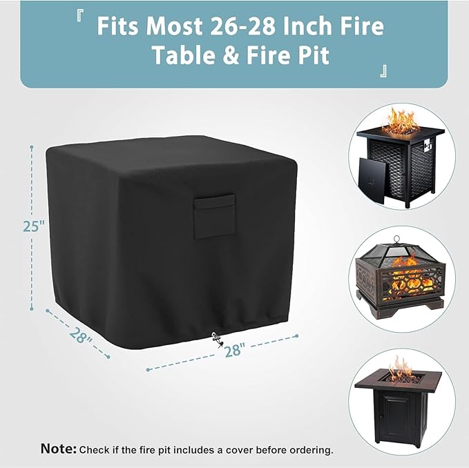 SHINESTAR Square Fire Pit Cover, Fits for 26-28 Inch Fire Table, Waterproof and Windproof, 28 x 28 x 25 Inches, Black