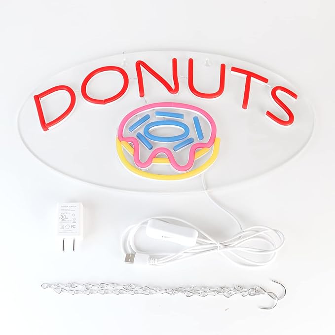 JFLLamp DONUTS Neon Signs for Wall Decor Neon Lights for Business Led Signs Suitable for Bakery Dessert Cake Shop Convenience Stores Supermarkets 5V Power Adapter 16.1*9 Inch (Blue+ Red+Pink+Yellow)