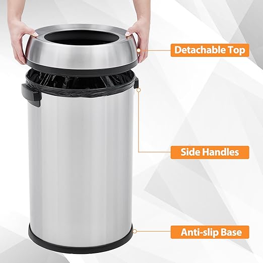 GarveeHome 17 gal/65 L Open Top Trash Can, Stainless Steel Rubbish Bin, Commercial Grade Waste Container, Round Garbage Can for Outdoor, Home Office, Restaurant, Silver