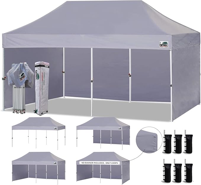 Eurmax USA 10'x20' Pop-up Canopy Tent Commercial Instant Canopies with 4 Removable Zipper End Side Walls and Roller Bag, Bonus 6 SandBags(Gray)