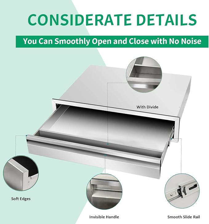 Outdoor Kitchen Drawers 30" W x 6.5" H x 23" D Stainless Steel Single Drawers with Hidden Handle for BBQ Island, Patio Grill Station & Outdoor Kitchen Cabinets