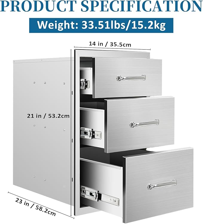 Outdoor Kitchen Drawers 14"Wx21"Hx23"D Flush Mount Access 3-Drawer BBQ Stainless Steel Drawers with Handle for Outdoor Kitchen Island or Grill Station