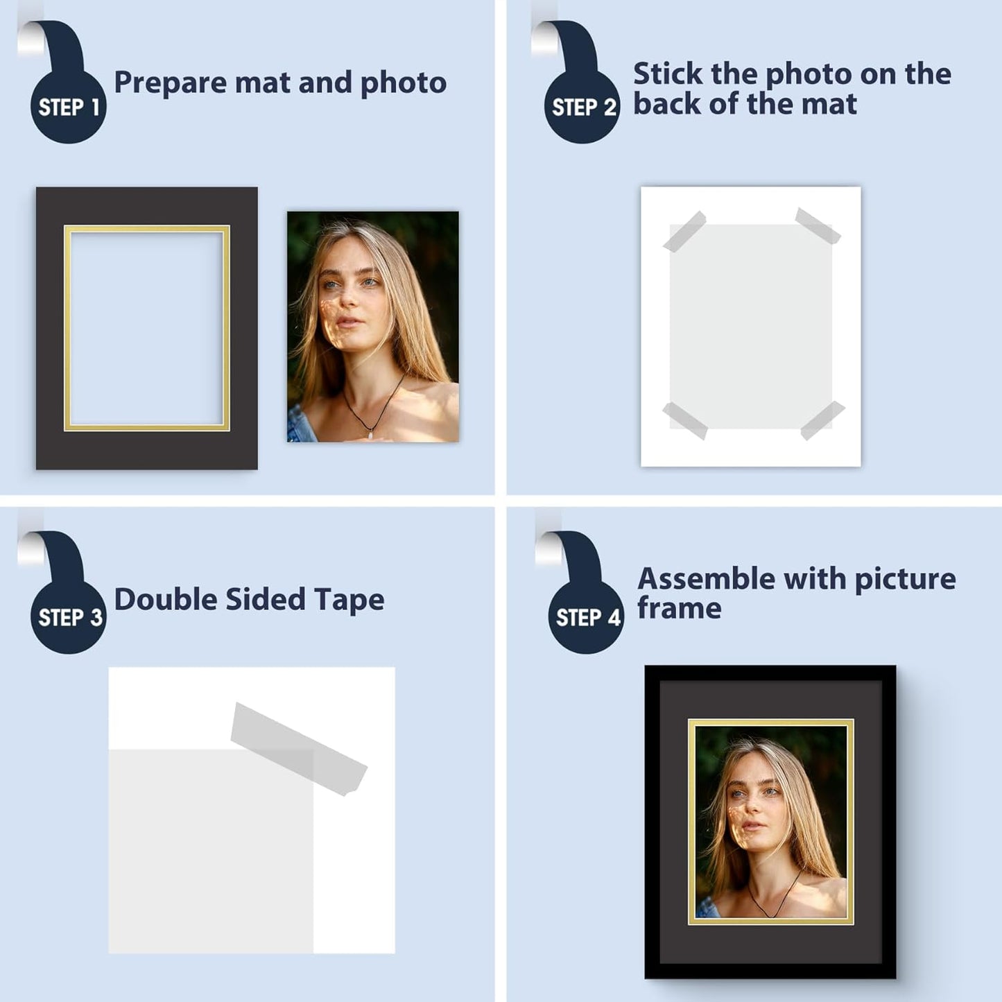 Mat Board Center, Double Mat - Acid Free, 8-ply Thickness, White Core - for Pictures, Photos, Framing (Black Over Gold, 11x14 for 8x10, Pack of 5)