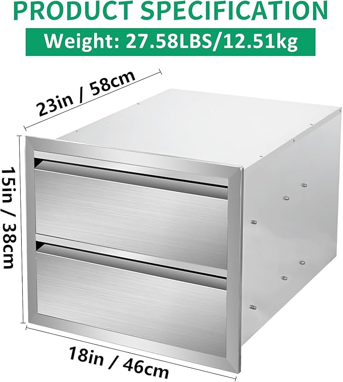 Outdoor Kitchen Drawers 18" W x 15" H x 23" D Stainless Steel Double Drawers with Hidden Handle for BBQ Island, Patio Grill Station & Outdoor Kitchen Cabinets