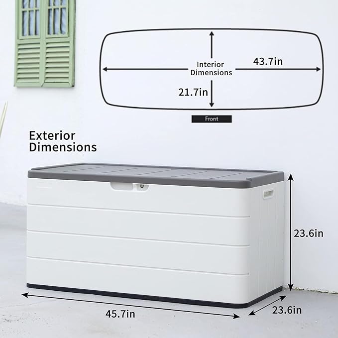 100 Gallon Plus Resin Deck Box, Waterproof Outdoor Storage Box for Patio Furniture, Garden Tools, and Pool Accessories, Lockable UV-Resistant Storage Bin Bench Cabinet for Outside, White
