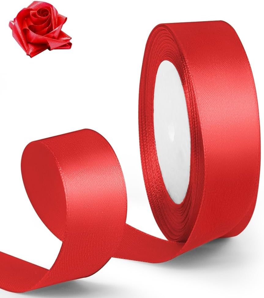 1 Inch 25 Yards Satin Ribbon Red, Solid Color Fabric Ribbon for Gift Wrapping, Wedding, Polyester Gift Ribbon for Birthday Party Decoration, Craft, Hair, Floral, Sewing