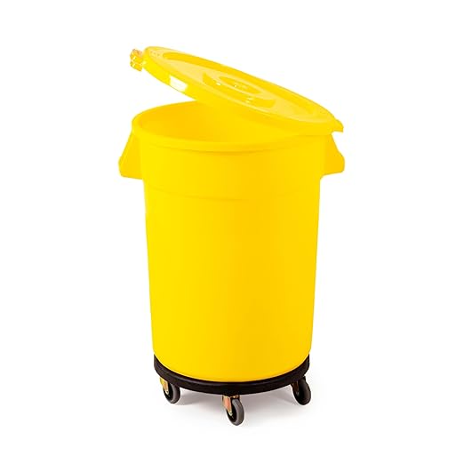 PRO&Family Commercial Round Trash Can with Lid and Dolly Rolling Waste Container, Ingredient Bin, Heavy-Duty Plastic, Anti-Static, Kitchen, Office, Outdoor Use (Yellow, 32 Gallon)