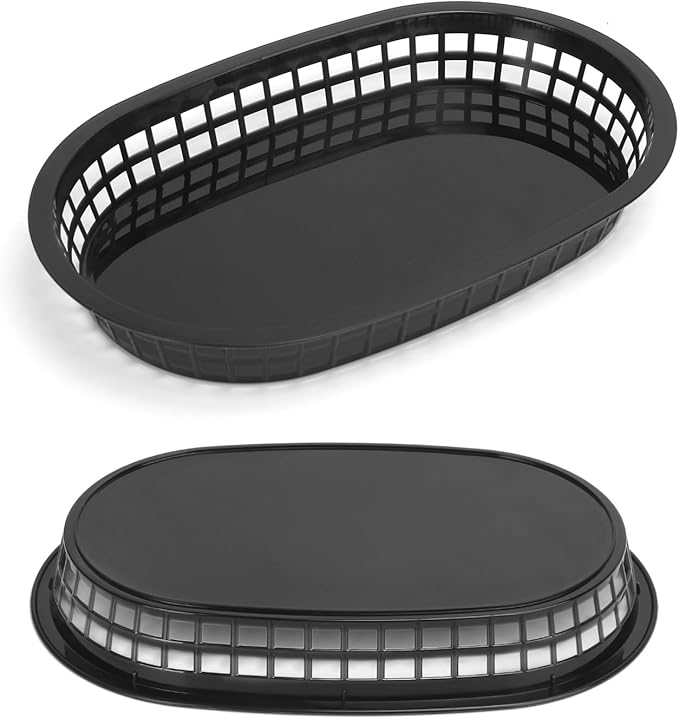 60 Pack Black Fast Food Baskets, 10.6 x 6.7 Inch Oval Black Plastic Food Baskets for Burgers, Fries, Sandwiches, Hot Dogs, Barbecues, Picnics, Parties, Durable and Safe