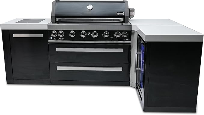 Mont Alpi MAi805-BSS90FC Black Stainless Steel 90 Degree Corner Gas Outdoor Kitchen Bar Island Grill w/Wine Cooler Beverage Center Refrigerator + Infrared Side & Rear Burners + Granite Countertop