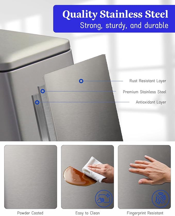 8 Gallon Trash Can with Lid, Stainless Steel Bathroom Garbage Can with Removal Inner Bucket, Soft Close Lid, Step on Trash Bin for Kitchen, Office, Laundry, 30 Liter Capacity, Kohler Grey