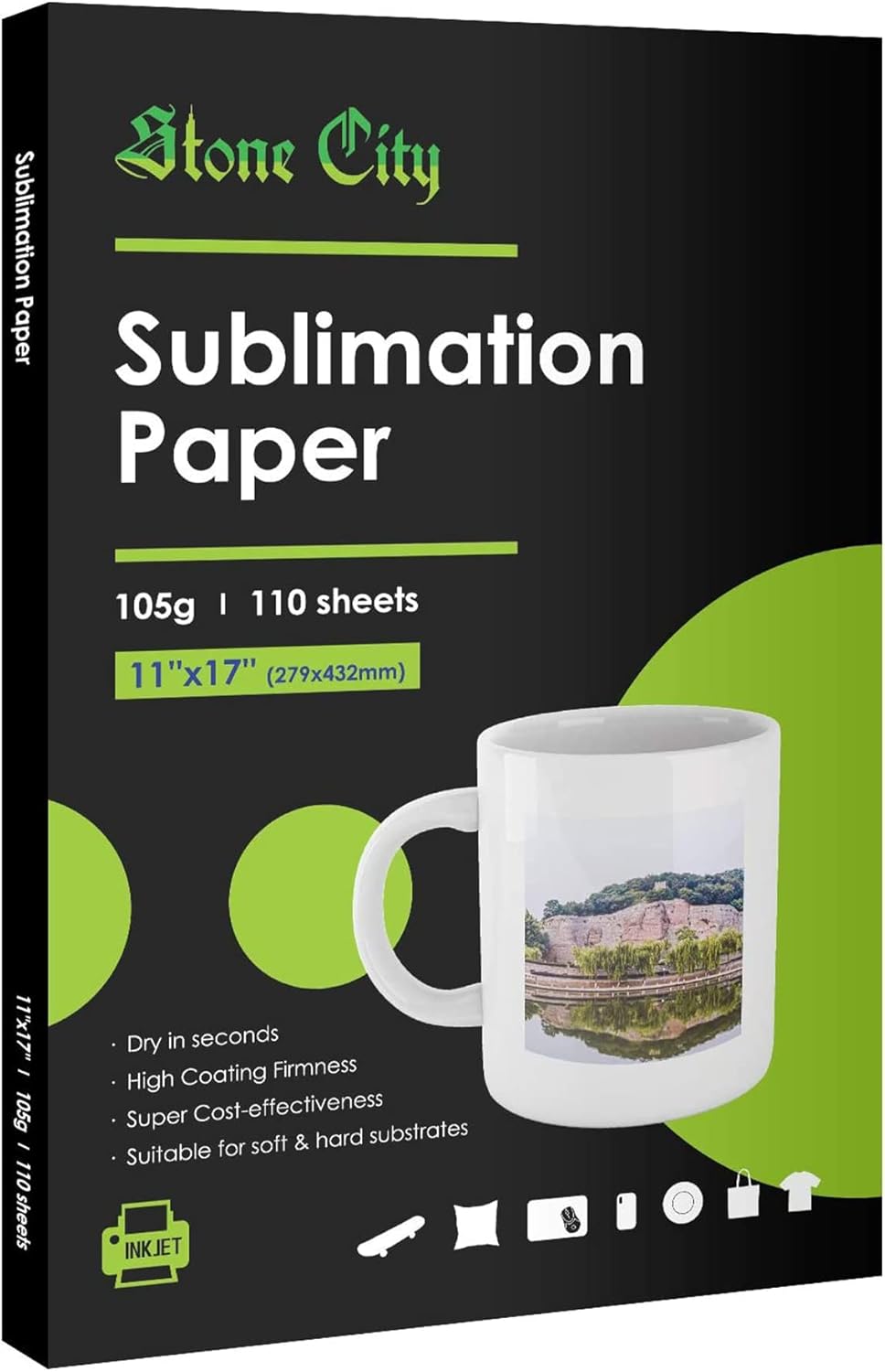 Stone City Sublimation Paper 11x17 Inch 110 Sheets 105g for Heat Transfer Light Fabric, T Shirt, Mug, Tumbler, Compatible with Inkjet Printer with Sublimation Ink