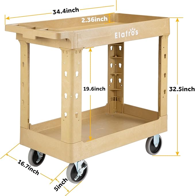 ELAFROS Heavy Duty Plastic Utility Cart 34 x 17 Inch - Work Cart Tub Storage W/Deep Shelves and 2 Fixed 2 Swivel Wheels Safely Holds up to 550 lbs - 2 Tier Service Cart for Warehouse,Garage, Sand