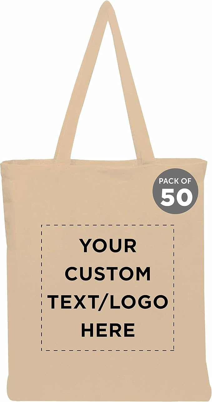 DISCOUNT PROMOS Custom Cotton Canvas Tote Bags Set of 50, Personalized Bulk Pack - Reusable, Great for Shopping, Grocery, Beach, Picnic, Wedding Favors - Natural
