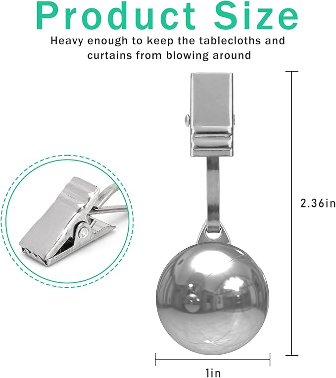10 Pack Heavy Tablecloth Weights, Stainless Steel Balls with Metal Clips, Curtain Weights for Outdoor, Table Cover Weights for Decoration, Outdoor Picnic, Garden Flag, Family Dinner