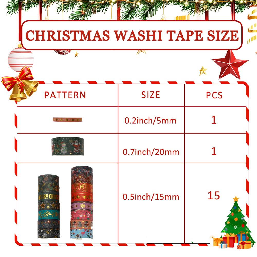 Christmas Washi Tape Set 17 Rolls Holiday Washi Tape for Journaling Decorative Tapes Christmas Duct Tapes Designs Gifts for Daughter Gifts for Friends Stocking Stuffer for Women