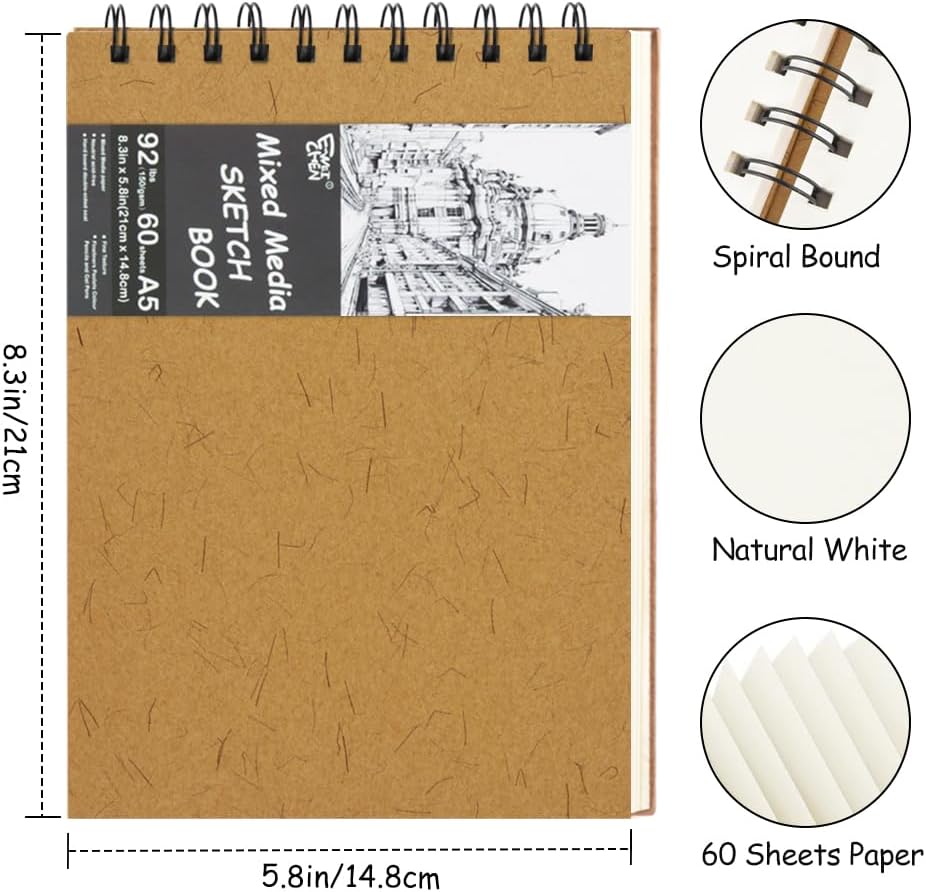 8.3x5.8 Sketch Book, Top Spiral Bound Sketch Pad, 60sheets 92lb/150gsm Nature White Paper, Acid-Free Mixed Media Paper for Painting, Dawing & Art Supplies. N-Ginger